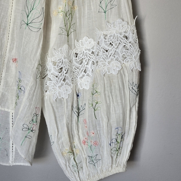 Love Sam Balloon Sleeve Floral Embroidered Cream Boho Cotton Silk Top Size XS - Picture 4 of 12
